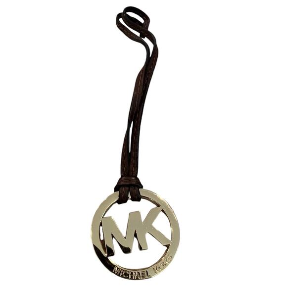 Michael Kors MK Logo Gold Charm Buckle W/ Brown Strap Purse Fob Hang Tag - Picture 1 of 3